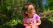 Brylee joined the competition — help win amazing prizes! child, curious, daylight, environment, grass, greenery, nature, outdoor, peaceful, pink_clothing, pond, portrait, sandals, shadow, sitting, sunlight, toddler, trees, water, young_child