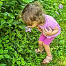 bending, casual_wear, child, curly_hair, exploring, flora, flower, garden, grass, greenery, leaves, nature, outdoor, plant, purple_clothing, sandals, sniffing, summer, sunlight, young_child