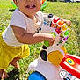 Sacha participe au concours pour gagner de l'argent avec cette photo : baby, barefoot, cap, child, colorful, daylight, fun, grass, greenery, happy, nature, outdoor, person, plastic_toy, playing, smiling, sunlight, toddler, toy, yellow_shorts
