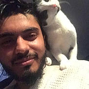 Orion is registered to the contest to win money with this photo: beard, black_and_white_cat, casual, cat, close_up, companion, curious, dark_background, feline, friendship, human, indoor, man, pet, portrait, selfie, shoulder, smile, texture, white_sweater