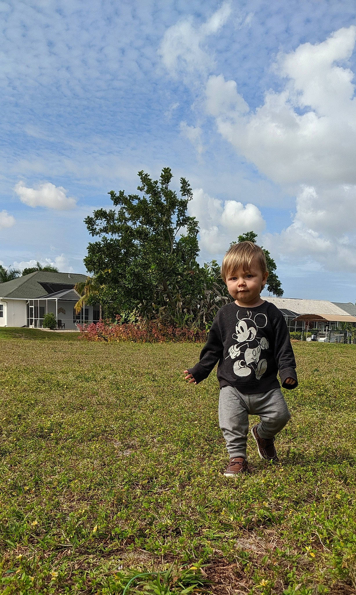 Daniel is registered to the contest to win money with this photo: child, cloud, farm, field, fun, grass, grassland, house, lawn, meadow, mountain, pasture, person, plant, rural_area, sky, smile, soil, toddler, tree