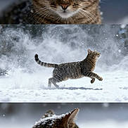 Gojo participe au concours pour gagner de l'argent avec cette photo : animal, background_blur, cat, close_up, cold, daylight, feline, fur, leaping, motion, nature, outdoor, playful, profile, snow, snowflakes, tabby_cat, whiskers, wildlife, winter