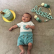 Alessio a rejoint le concours — aidez-le/la à gagner de superbes lots ! baby, infant, smiling, blue_shorts, white_shirt, bear_print, cake, teddy_bear, decorative_hoop, knitted_yarn, pom_poms, name_sign, textile, blanket, floor, cute, child, portrait, indoors, celebration