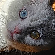 Angel is registered to the contest to win money with this photo: cat, white_cat, gray_cat, fluffy, fur, heterochromia, blue_eye, brown_eye, close_up, portrait, upside_down, whiskers, pink_nose, animal, pet, sunlight, sunbeam, wooden_surface, indoors, cute
