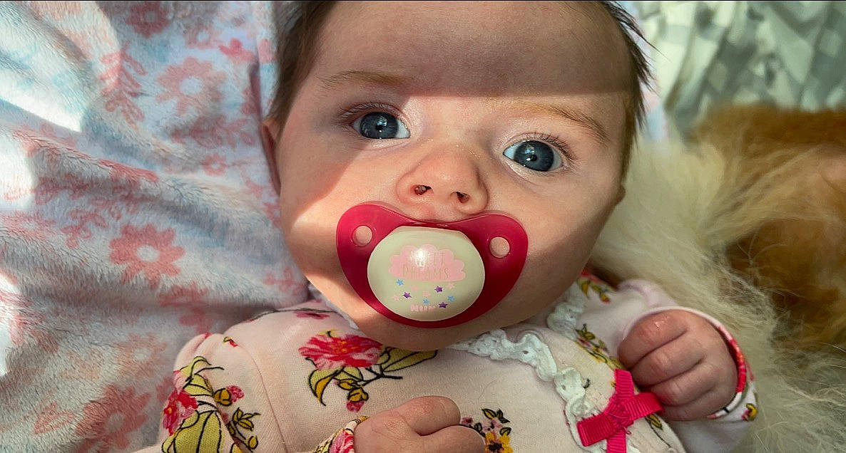 Eden joined the competition — help win amazing prizes! baby_products, baby_toddler_clothing, cheek, child, close_up, ear, eye, eyelash, fun, happy, human_body, lip, nose, person, pink, skin, stuffed_toy, sweetness, textile, toddler