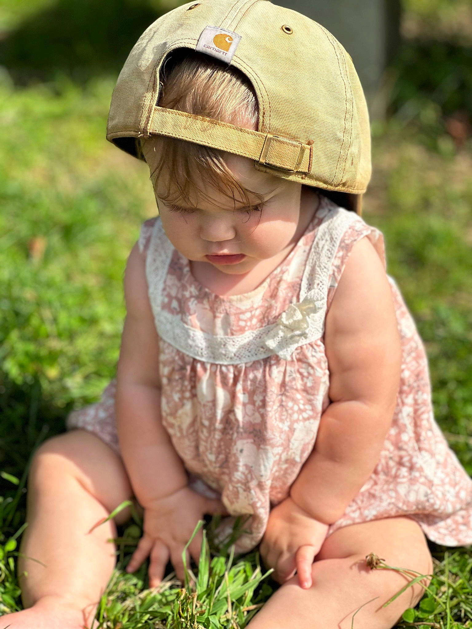 Faye joined the competition — help win amazing prizes! baby, baby_toddler_clothing, beauty, botany, cap, dress, facial_expression, finger, grass, hat, people_in_nature, person, photograph, pink, plant, skin, sleeve, summer, sun_hat, toddler