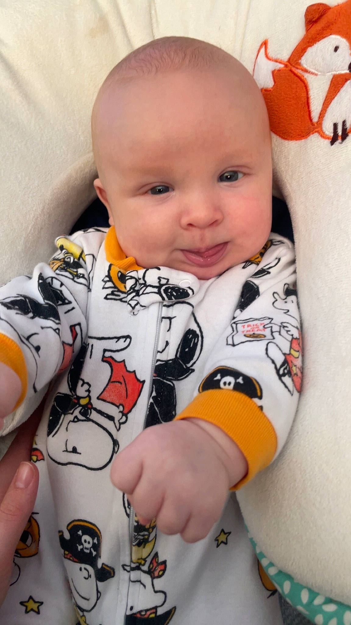 Waylon joined the competition — help win amazing prizes! art, baby, baby_toddler_clothing, carmine, cheek, child, collar, comfort, happy, linens, long_sleeved_t_shirt, orange, pattern, person, sitting, skin, sleeve, smile, t_shirt, thumb