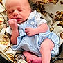 newborn, baby, sleeping, infant, blanket, teddy_bear_pattern, pacifier, blue_clothing, romper, basket, soft_texture, cute, peaceful, tiny_feet, hand, portrait, indoors, cozy, child, resting