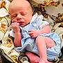newborn, baby, sleeping, blanket, teddy_bear_pattern, blue_outfit, basket, pacifier, infant, cozy, cute, peaceful, soft, clothing, skin, foot, hand, indoors, resting, portrait