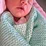 newborn, baby, sleeping, blanket, knitted, soft, closeup, face, peaceful, infant, wrapped, cozy, pink, skin, portrait, child, resting, cute, tiny, warm