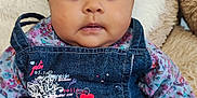 Laïane participe au concours pour gagner de l'argent avec cette photo : baby, child, denim_dress, floral_pattern, face, wide_eyes, plush_background, cute, sitting, portrait, indoor, clothing, person, infant, young_child, closeup, expression, soft_texture, casual, adorable