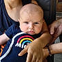 baby, child, mickey_mouse, onesie, person, arm, hand, clothing, indoor, portrait, serious_face, holding, casual, sitting, skin, colorful, closeup, family, people, caring