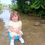 Louise participe au concours pour gagner de l'argent avec cette photo : child, toddler, water, creek, nature, outdoor, trees, wet_hair, yellow_dress, bucket, smile, sandals, rocks, people, playing, summer, daylight, grass, relaxation, river