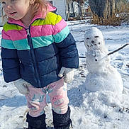 Aurora joined the competition — help win amazing prizes! child, girl, snow, snowman, winter_clothing, boots, jacket, mittens, outdoor, cold_weather, tree, house, play, fun, smile, daylight, nature, snowy_ground, stick_arms, casual