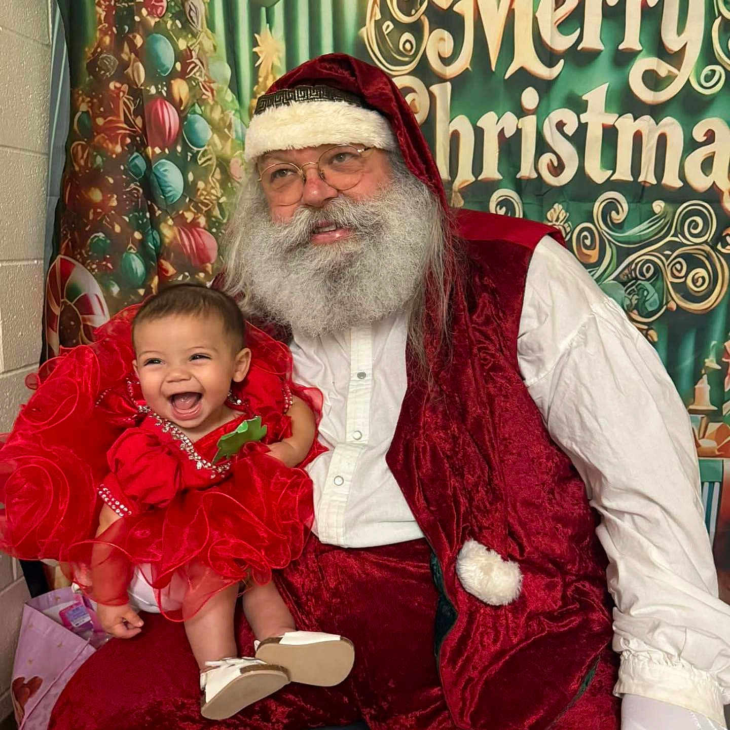 Nova Ann joined the competition — help win amazing prizes! baby, beard, celebration, chair, child, christmas, costume, decorations, festive, glasses, gloves, happy, holiday, indoor, person, portrait, red_dress, santa_claus, smile, tree