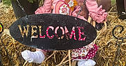 Nova Ann is registered to the contest to win money with this photo: autumn, baby, bow, celebration, child, cute, decor, fall, festive, flowers, hay, orange_flowers, outdoor, person, pink_clothing, portrait, seasonal, sitting, welcome_sign, yellow_flowers