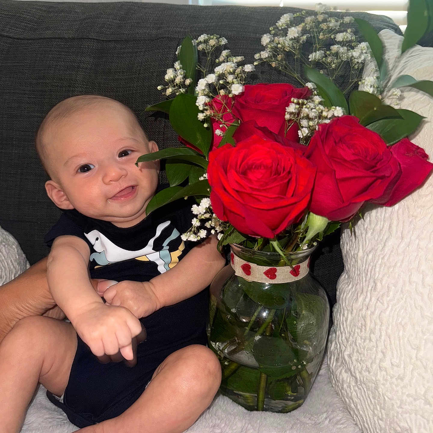 Silviano joined the competition — help win amazing prizes! baby, black_onesie, bouquet, couch, flower_vase, foot, glass_vase, green_leaves, hand, happy, heart_ribbon, indoor, infant, person, plant, red_roses, skin, smile, white_blanket, window_blinds