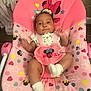 baby, infant, child, baby_rocker, minnie_mouse, pink, socks, pattern, heart, star, polka_dot, clothing, smile, happy, indoor, seat, toy, cute, person, baby_girl