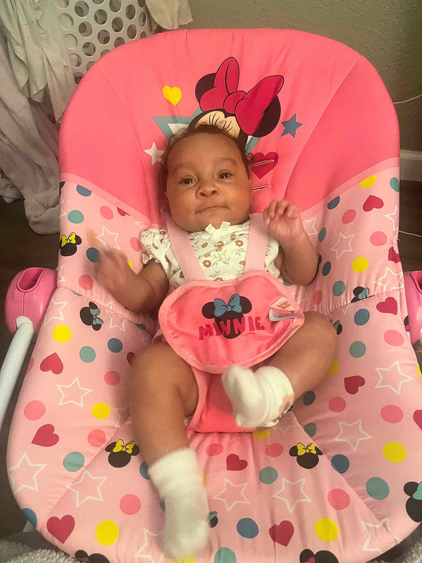 Chiane joined the competition — help win amazing prizes! baby, infant, child, baby_rocker, minnie_mouse, pink, socks, pattern, heart, star, polka_dot, clothing, smile, happy, indoor, seat, toy, cute, person, baby_girl