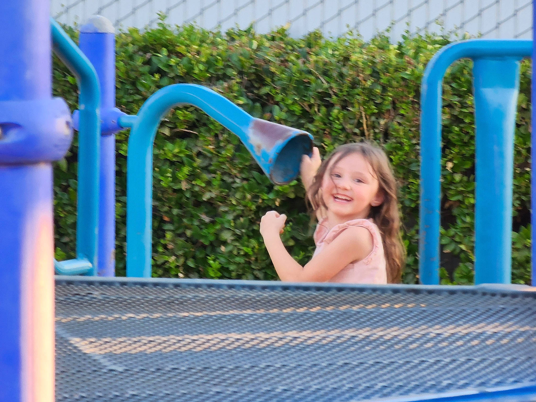 Blakelyn is registered to the contest to win money with this photo: automotive_exterior, azure, blue, bumper, child, daytime, electric_blue, eyewear, fun, grass, happy, joy, leisure, outdoor_play_equipment, person, play, recreation, smile, swimming_pool, t_shirt