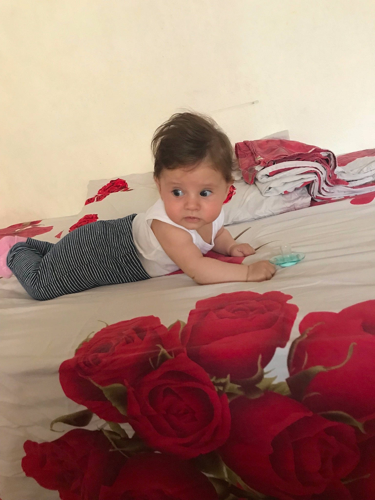 Eva a rejoint le concours — aidez-le/la à gagner de superbes lots ! child, floral_design, floristry, flower, flower_arranging, flower_bouquet, flowering_plant, garden_roses, girl, infant, person, petal, pink, plant, red, rose, rose_family, rose_order, smile, textile