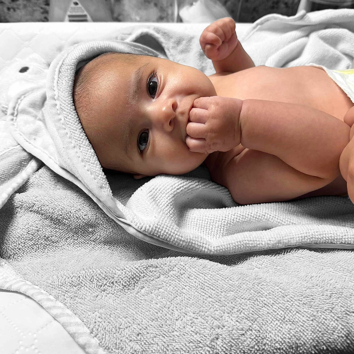 Maya is registered to the contest to win money with this photo: baby, babylaughing, blanket, face, happy, head, person, photography, portrait, quilt, smile, towel