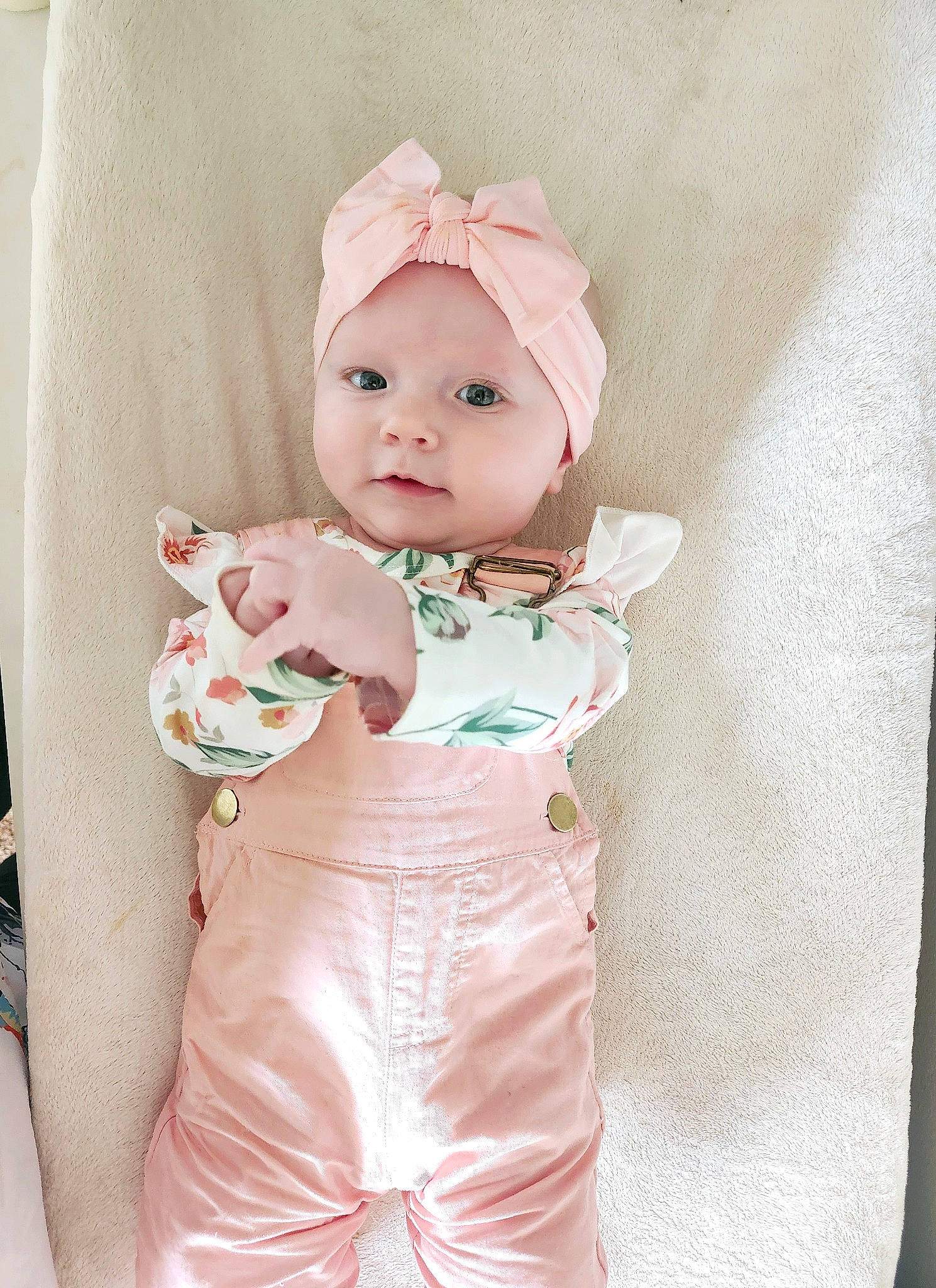 Montana joined the competition — help win amazing prizes! baby, baby_products, baby_toddler_clothing, beanie, cap, child, costume, fashion_accessory, headwear, linens, magenta, pattern, peach, person, pink, skin, sleeve, smile, textile, toddler