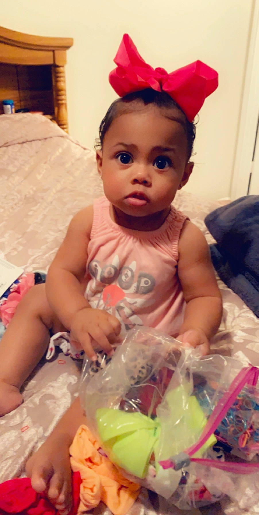 Brooklynn joined the competition — help win amazing prizes! baby, baby_products, baby_toddler_clothing, cheek, child, hair_accessory, headband, headgear, lip, person, pink, play, skin, smile, surprise, toddler