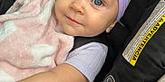 Brytyn joined the competition — help win amazing prizes! adorable, baby, baby_girl, blue_eyes, bottle, car_seat, child, closeup, clothing, cute, headband, indoors, infant, person, pink_blanket, portrait, purple, seatbelt, smile, soft_texture