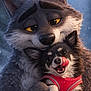 animated_character, anthropomorphic, wolf, dog, chihuahua, hug, embrace, fur, yellow_eyes, tongue_out, red_harness, close_up, portrait, cute, smiling, heartwarming, winter, snowy_background, cinematic, high_detail