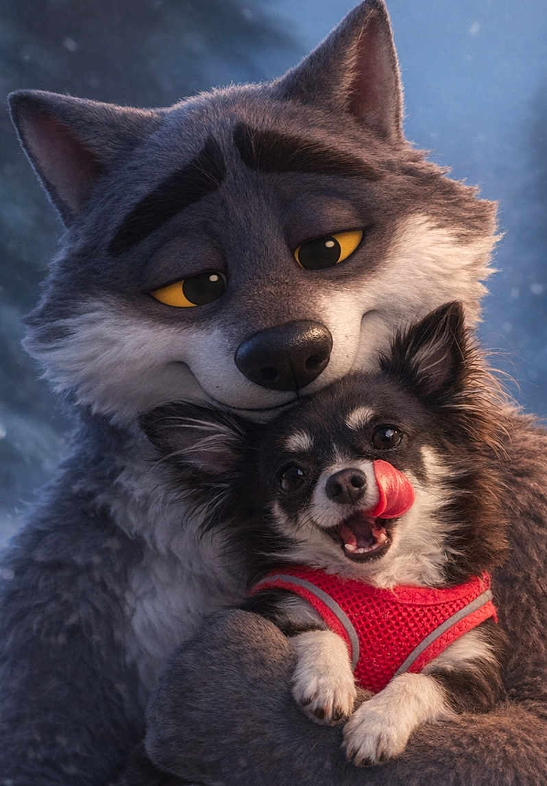 Shanel a rejoint le concours — aidez-le/la à gagner de superbes lots ! animated_character, anthropomorphic, wolf, dog, chihuahua, hug, embrace, fur, yellow_eyes, tongue_out, red_harness, close_up, portrait, cute, smiling, heartwarming, winter, snowy_background, cinematic, high_detail