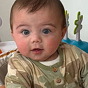 Ezekiel is registered to the contest to win money with this photo: baby, child, infant, face, eyes, rosy_cheeks, camo_clothing, onesie, hand, toy, activity_center, colorful, curious, indoor, portrait, sitting, playful, young_child, cute, expression