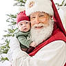 baby, santa_claus, christmas_tree, holiday, festive, red_hat, beard, glasses, smiling, child, portrait, indoor, people, seasonal, celebration, costume, warm_clothing, toddler, holding, decorations
