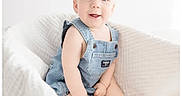 Freeman joined the competition — help win amazing prizes! baby, basket, blanket, blue_eyes, child, comfortable, cozy, cute, denim_overalls, happy, head, indoor, infant, light_background, person, portrait, sitting, skin, smiling, soft_texture