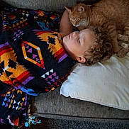 Ethan Jr joined the competition — help win amazing prizes! child, blanket, couch, cat, ginger_cat, sleeping, nap, pillow, curly_hair, indoor, rest, cozy, pet, friendship, warm, comfort, relaxation, furniture, home, snuggle