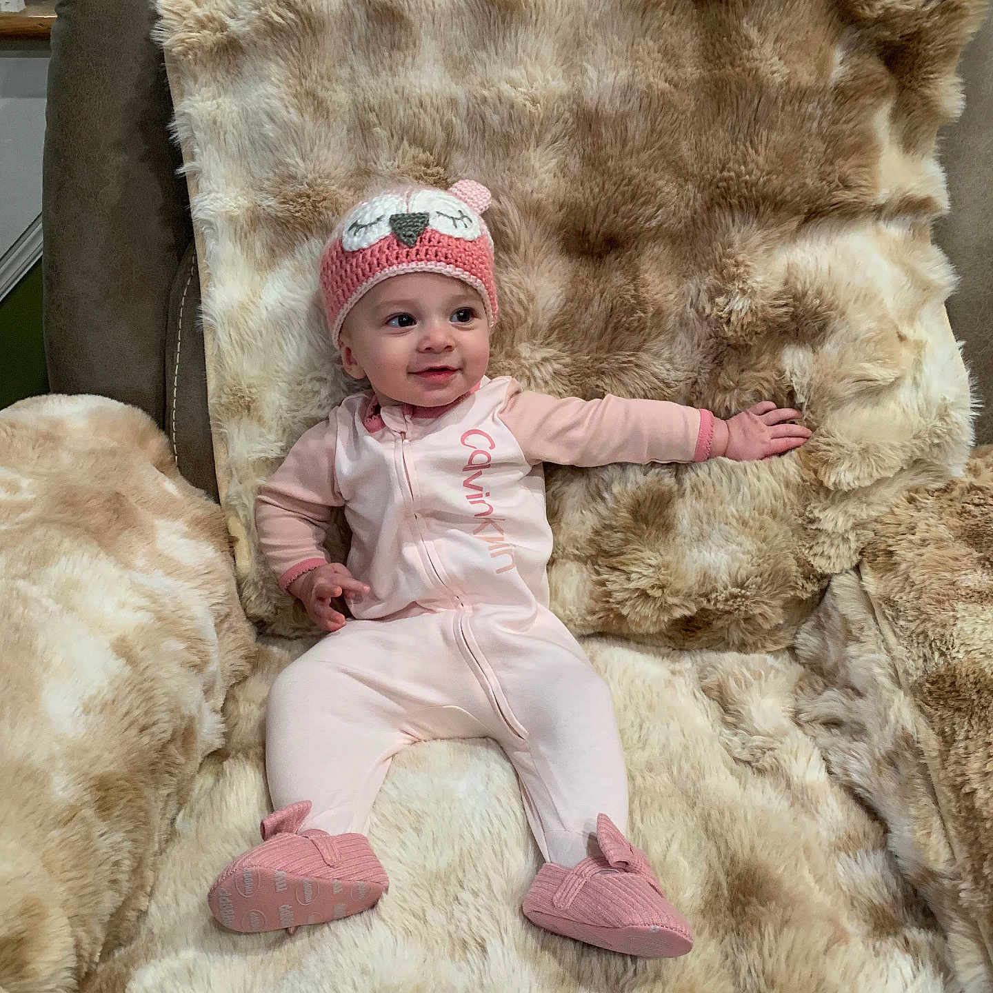 Aspen is registered to the contest to win money with this photo: baby, beanie, bonnet, cap, chair, clothing, couch, face, footwear, furniture, hat, head, homedecor, newborn, pants, person, photography, portrait, shoe, sitting