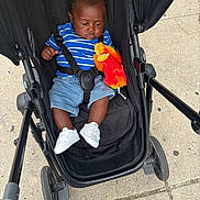 Hunter joined the competition — help win amazing prizes! baby, child, stroller, toy, plush_toy, blue_shirt, striped, shorts, white_shoes, concrete, sidewalk, outdoor, person, infant, seatbelt, casual_clothing, black_stroller, walking, summer, cute
