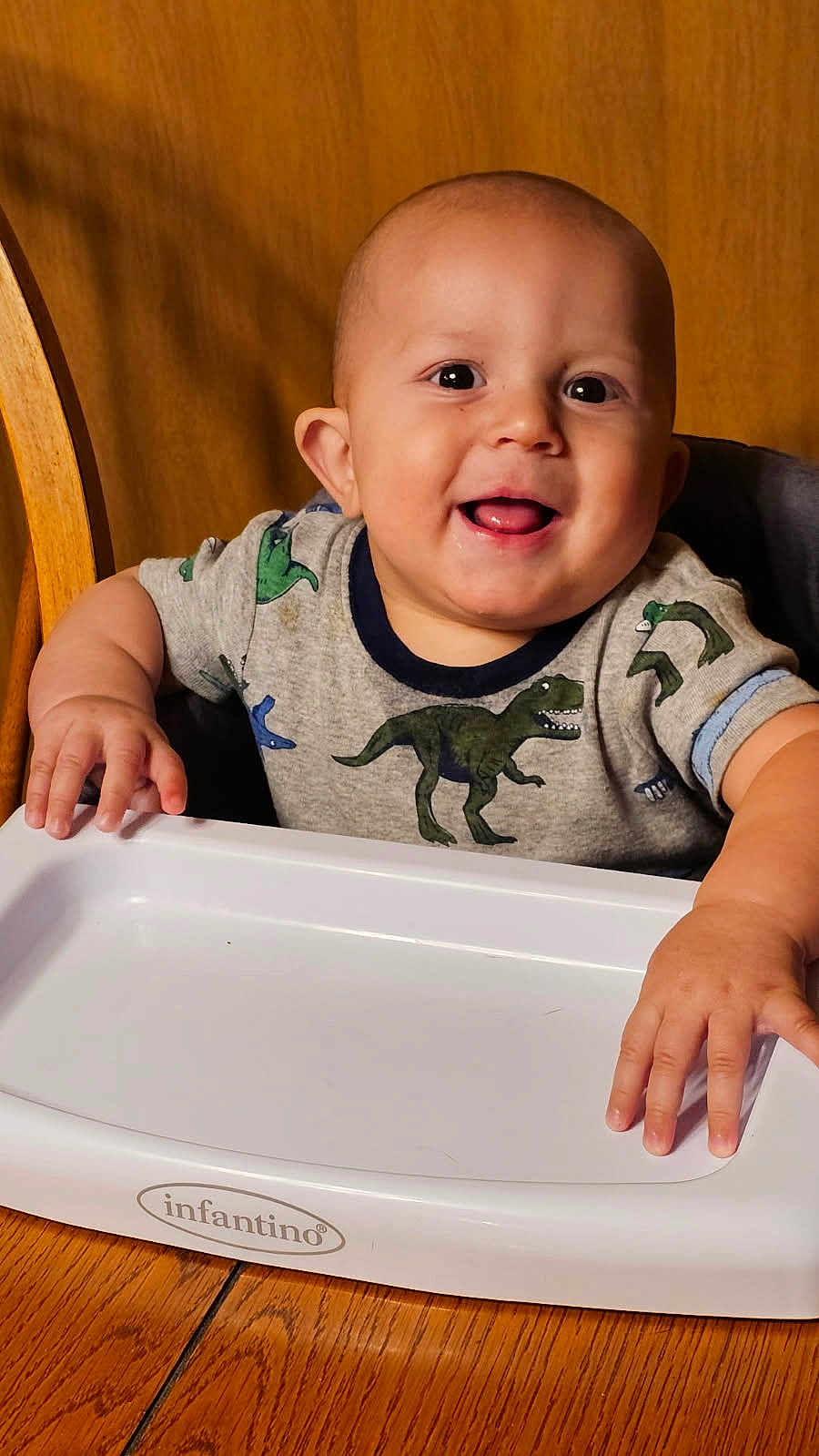 Zayriee is registered to the contest to win money with this photo: baby, child, clothing, cute, dinosaur_shirt, face, hands, happy, high_chair, indoor, infantino, person, playful, portrait, sitting, smiling, table, toddler, wooden_background, young