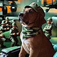 Ranger is registered to the contest to win money with this photo: puppy, dog, toy_soldiers, military_hat, camouflage, bandana, tank, miniature, army, cute, indoors, figurines, green, brown, pet, toy, playful, dog_fashion, young_dog, closeup