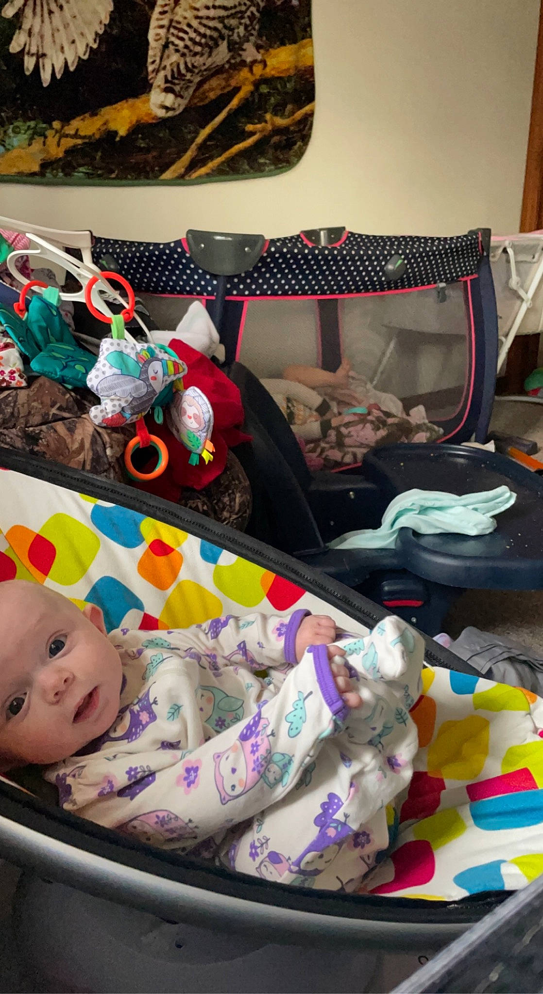 Everleigh is registered to the contest to win money with this photo: baby, baby_products, baby_toddler_clothing, baby_toys, bag, bedding, carmine, child, comfort, fashion_accessory, happy, linens, luggage_and_bags, pattern, person, room, smile, stuffed_toy, textile, toddler