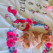 Sofia a rejoint le concours — aidez-le/la à gagner de superbes lots ! baby, infant, pink_clothing, headband, play_mat, unicorn, floral_pattern, numbers, toy, lying_down, cute, child, colorful, milestone, portrait, indoors, soft_light, smiling, decorative, playful