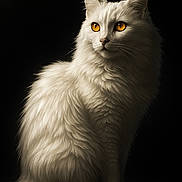 Moon participe au concours pour gagner de l'argent avec cette photo : cat, white_cat, fluffy_fur, golden_eyes, portrait, animal, pet, sitting, elegant, mystery, feline, closeup, dark_background, studio_lighting, whiskers, soft_fur, alert, majestic, domestic_cat, cute