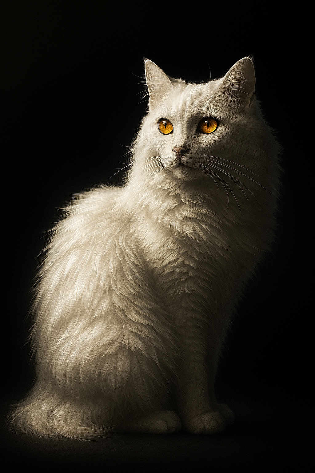 Moon participe au concours pour gagner de l'argent avec cette photo : cat, white_cat, fluffy_fur, golden_eyes, portrait, animal, pet, sitting, elegant, mystery, feline, closeup, dark_background, studio_lighting, whiskers, soft_fur, alert, majestic, domestic_cat, cute
