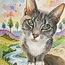 Baby is registered to the contest to win money with this photo: animal, art, background, cat, colorful, creative, curious, green_eyes, illustration, landscape, nature, outdoor, painting, portrait, river, rock, tabby_cat, trees, watercolor, whimsical