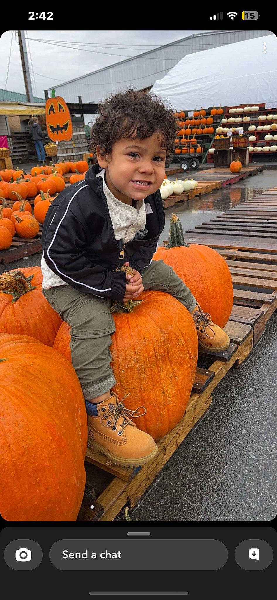 Elias is registered to the contest to win money with this photo: calabaza, cucurbita, eye, fun, gourd, happy, head, local_food, natural_foods, orange, person, plant, pumpkin, smile, squash, toddler, travel, vegetable, whole_food, winter_squash
