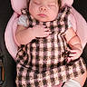 baby, child, sleeping, portrait, car_seat, pink, plaid, dress, headband, bow, socks, infant, face, closed_eyes, indoors, seated, fashion, cute, photography, resting