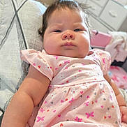 Allyson joined the competition — help win amazing prizes! baby, bed, bedroom, butterflies, child, dresser, eyes, face, hair, hearts, home, indoor, infant, lying_down, nursery, photography, pink_dress, portrait, sitting, smiling