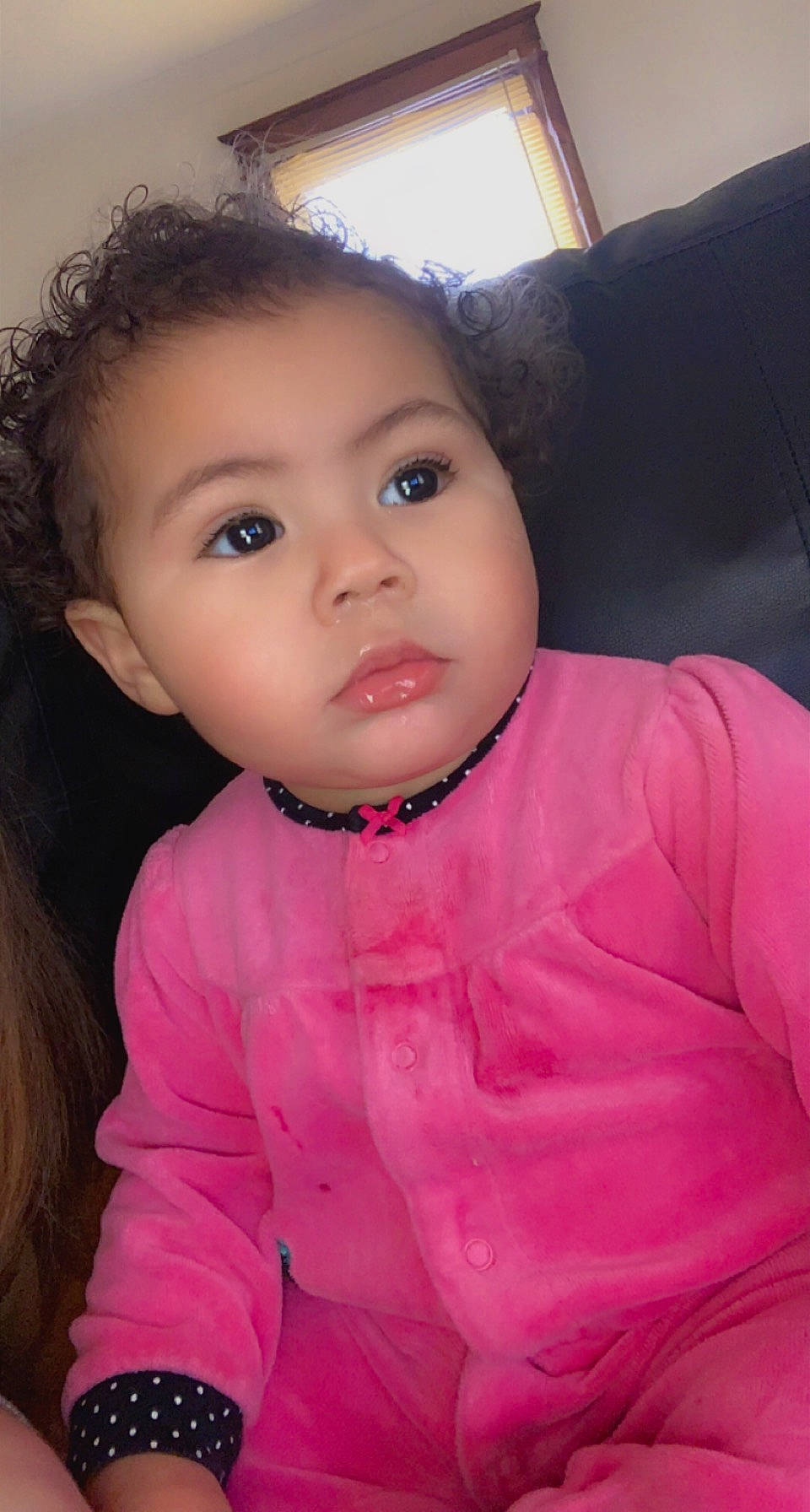 Khalani is registered to the contest to win money with this photo: baby, baby_toddler_clothing, cheek, child, ear, eye, eyebrow, eyelash, fun, happy, iris, lip, magenta, nose, outerwear, person, pink, skin, sleeve, smile