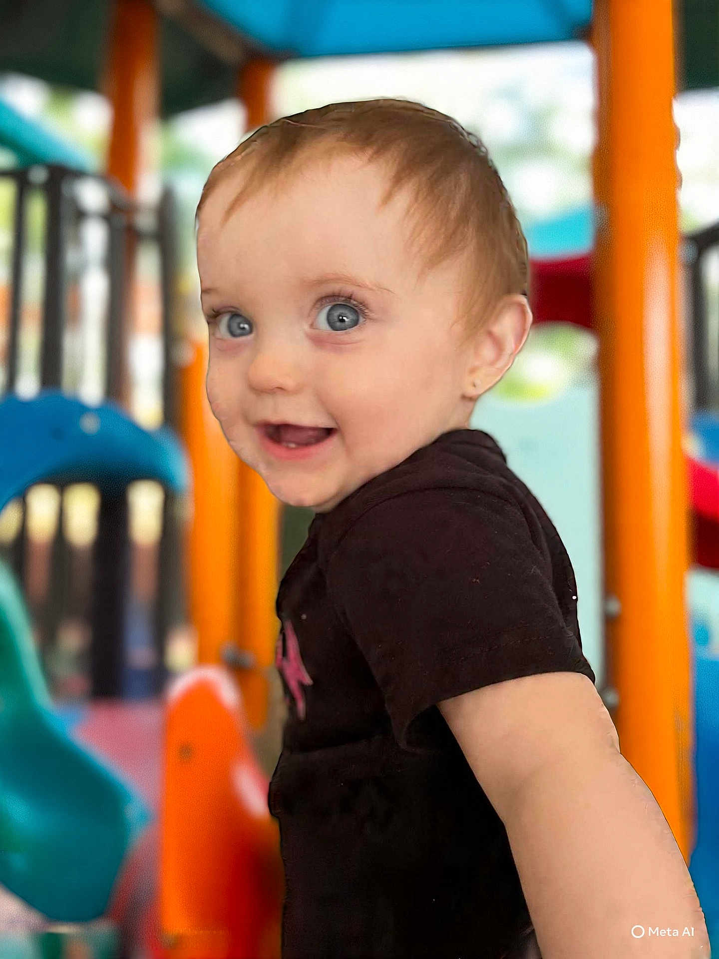 Renely joined the competition — help win amazing prizes! toddler, child, playground, smiling, blue_eyes, short_hair, black_shirt, outdoor, daylight, play_equipment, slide, orange_pole, blue_slide, happy, person, young_child, cute, fun, recreation, park
