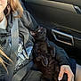 animal, black_cat, car_door, car_interior, casual_clothing, feline, hand, hoodie, indoor, long_hair, nail_art, person, pet, portrait, relaxed, resting, seat, seatbelt, sunlight, window